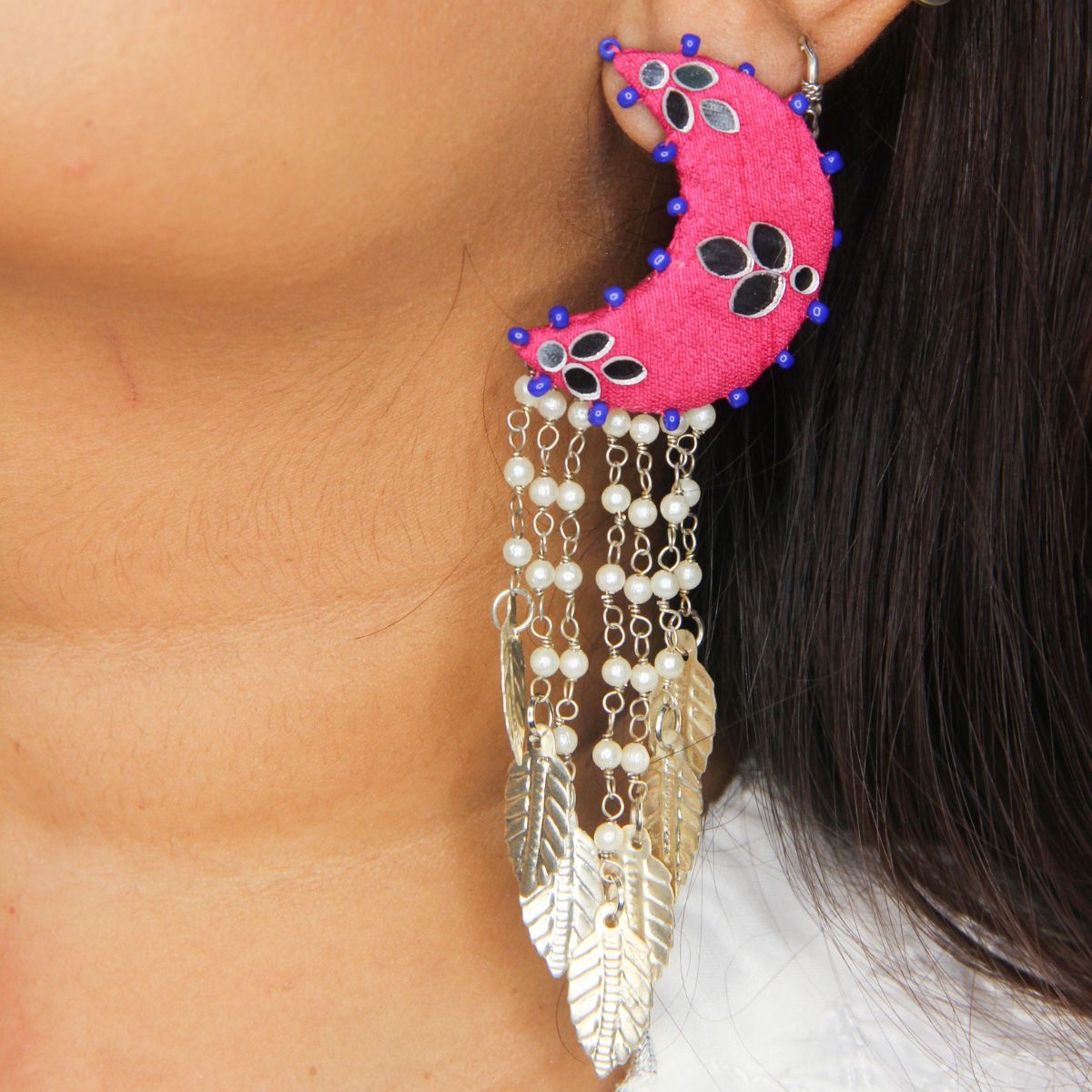 Pink Fabric Moon Earrings